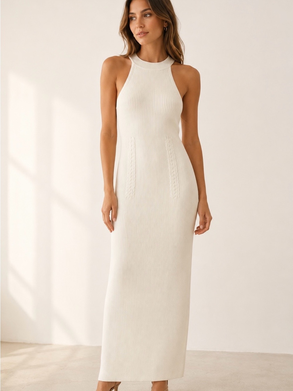 Michael Stars Cream Ribbed new w/o tags knit sleeveless Halter Maxi Dress